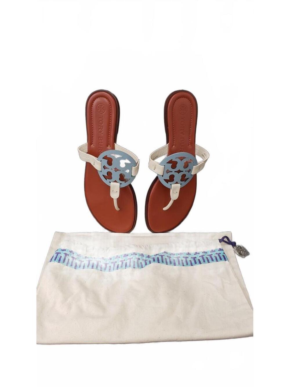 Tory Burch White Leather Logo Thong Sandals Summer Flat Shoes Size 8.5
